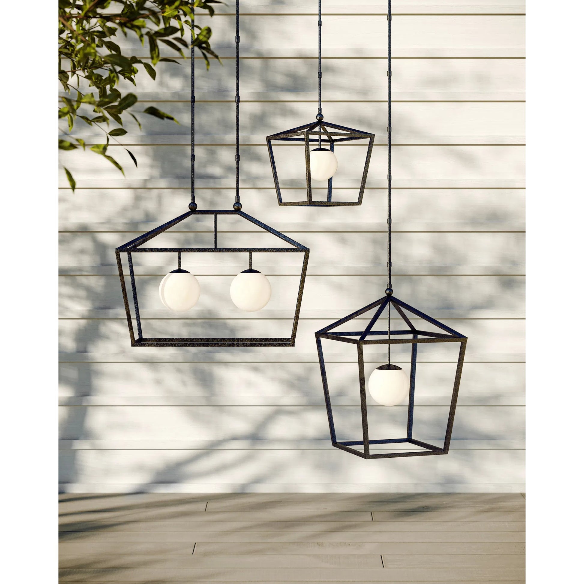 Denison Outdoor Lantern by Currey and Company in black, frosted white. Made from wrought iron, glass in a modern style.