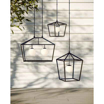 Denison Outdoor Lantern by Currey and Company in black, frosted white. Made from wrought iron, glass in a modern style.