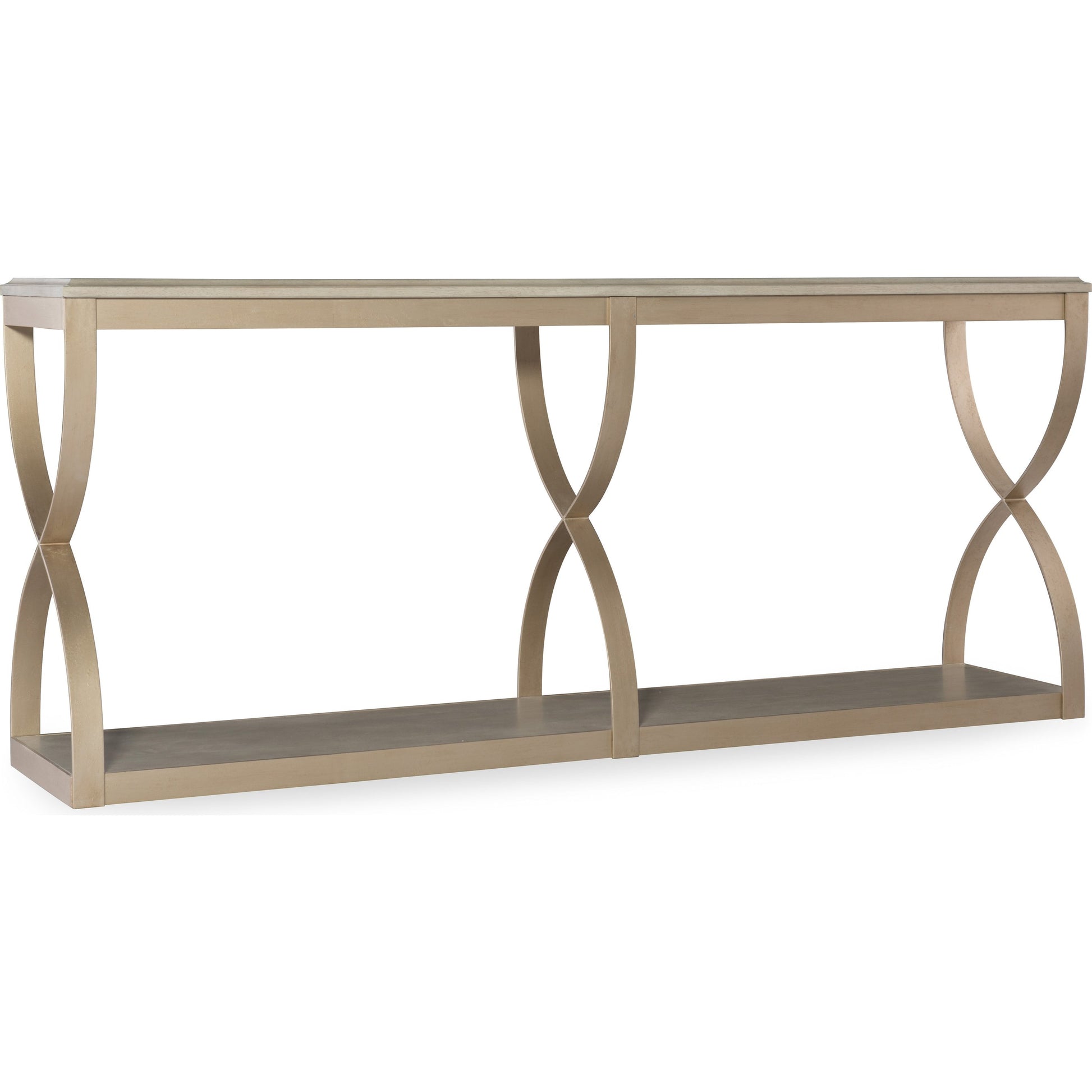 Elixir Console Table by Hooker Furniture in champagne silver. Made from basswood veneers, metal in a modern style.