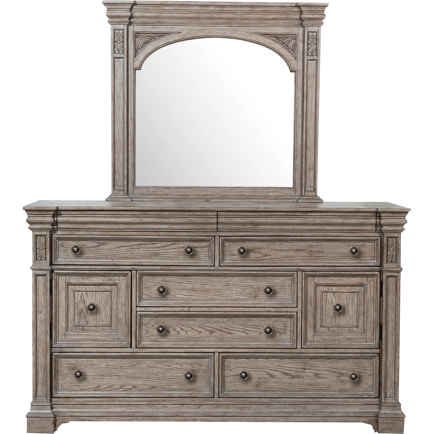 001 SI-2155596 | Primary Silo | Kingsbury Dresser and Mirror by Pulaski Furniture in french grey. Made from oak veneers, hardwood solids in a traditional style.