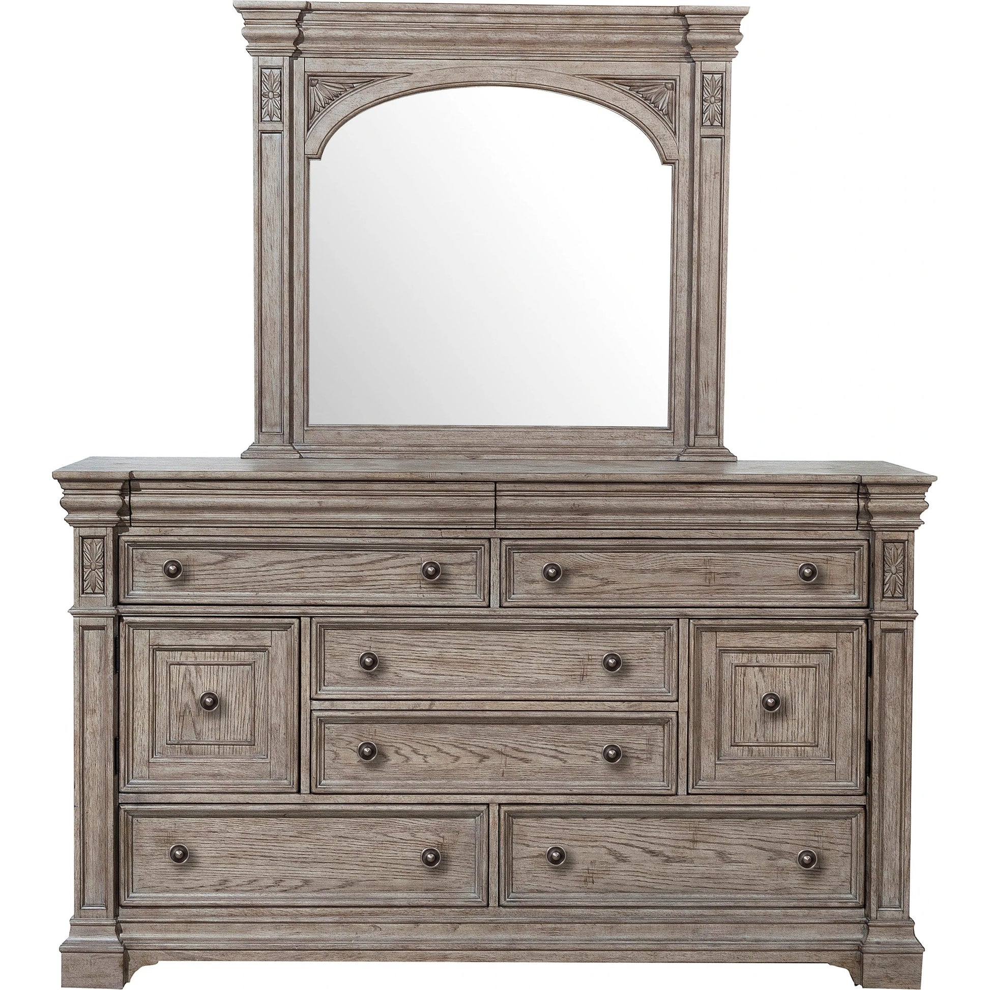 Kingsbury Dresser and Mirror by Pulaski Furniture in french grey. Made from oak veneers, hardwood solids in a traditional style.