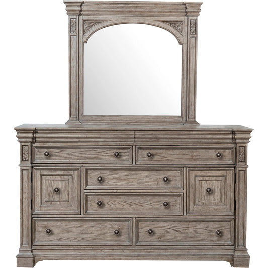 001 SI-2155596 | Primary Silo | Kingsbury Dresser and Mirror by Pulaski Furniture in french grey. Made from oak veneers, hardwood solids in a traditional style.
