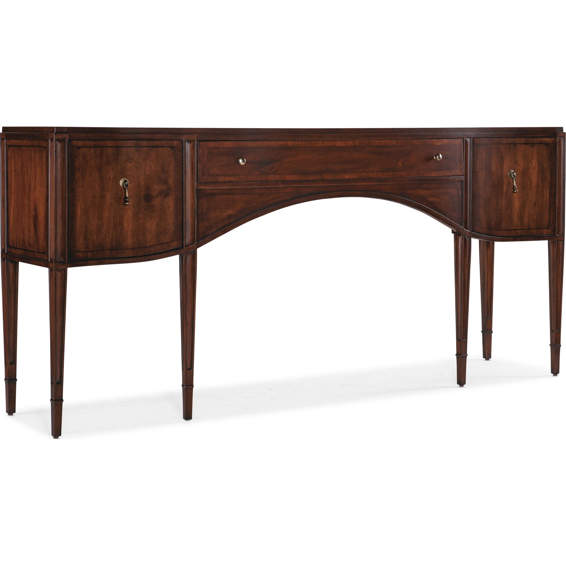 Charleston 78" Console Table by Hooker Furniture in maraschino cherry. Made from cherry veneers, walnut inlay in a transitional style.