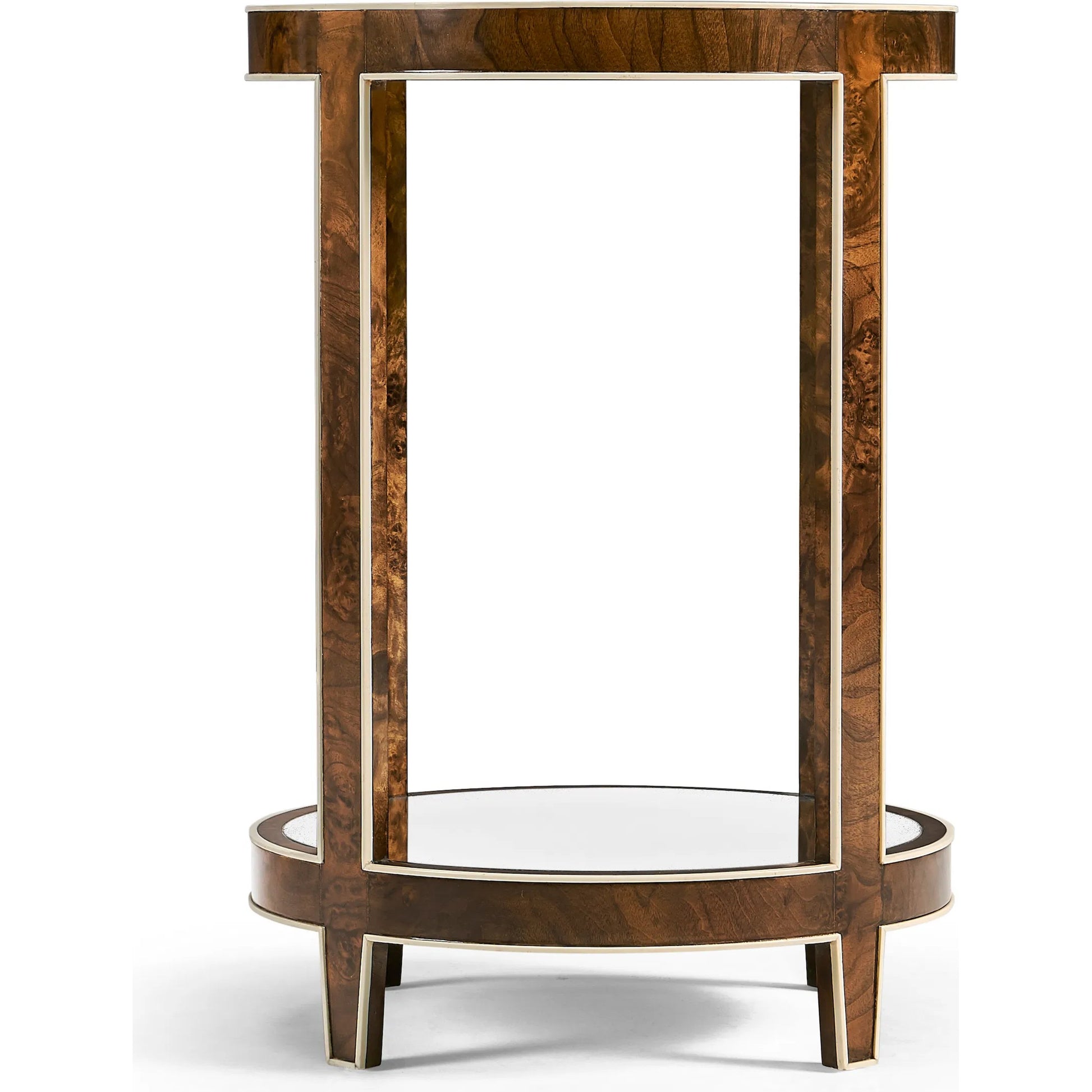 Jacques Round End Table by Jonathan Charles in brown and medium brown mahogany. Made from mahogany veneers, faux bone, glass in a modern style.