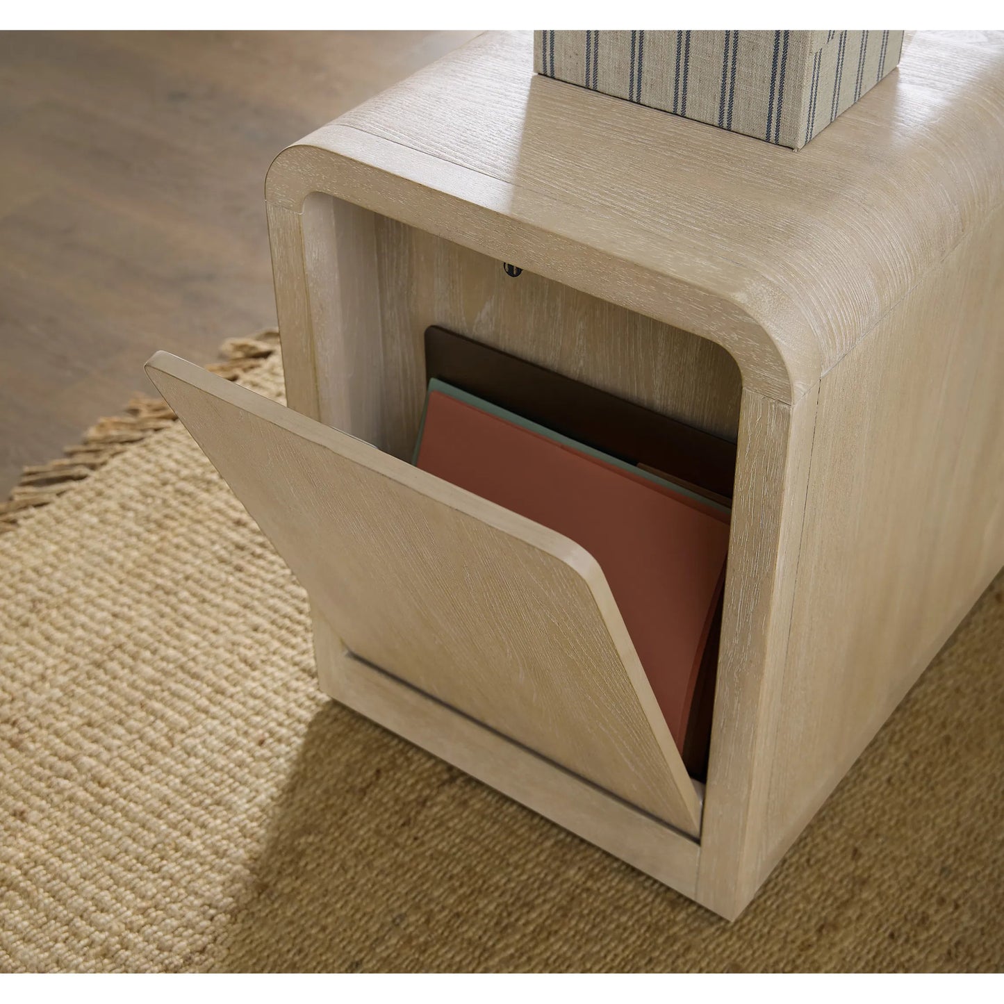 003 SI-2353896 | Lifestyle | Brixton Mobile File by Hooker Furniture in light wood and pebble hue. Made from elm veneers in a transitional style.
