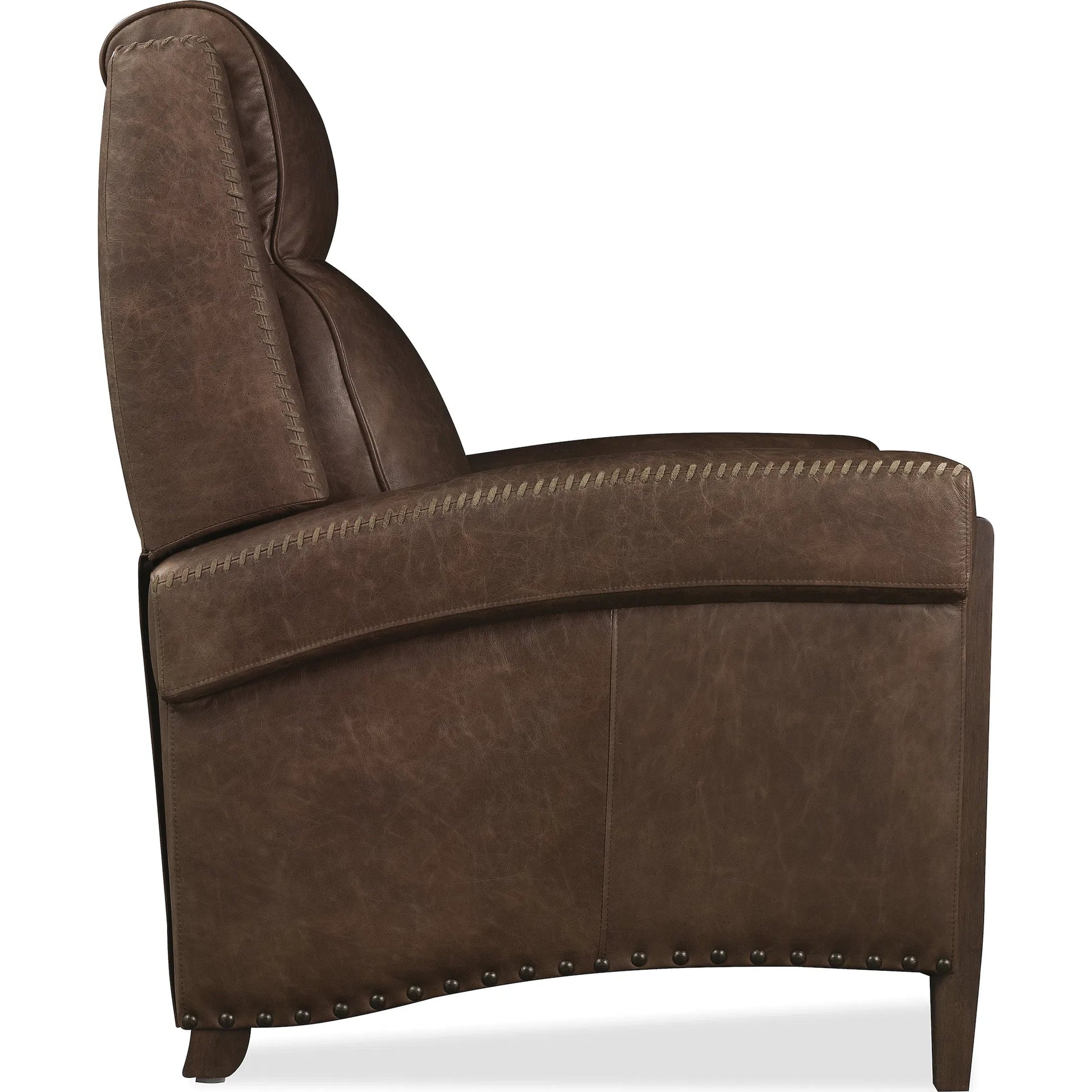 Whitton Power Recliner with Power Headrest by Hooker Furniture in studio chocolate and dark wood. Made from leather in a traditional style.