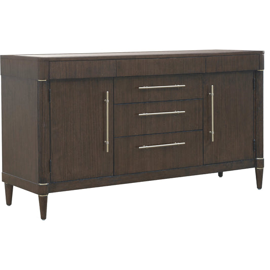 Asher Park Glass Top 2 Door Buffet with Storage Drawers by Pulaski Furniture in piano brown. Made from eucalyptus veneers in a unique style.