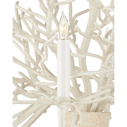 Seaward Chandelier by Currey and Company in white coral, natural sand. Made from wrought iron in a coastal style.