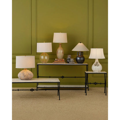 Zebulon Round Table Lamp by Currey and Company in clear with gold speckles, contemporary gold leaf. Made from glass, optic crystal, meta in a modern style.