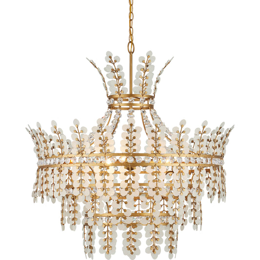 Bradshaw Chandelier by Currey and Company in frosted, clear, brass. Made from glass, crystal, wrought iron in a unique style.