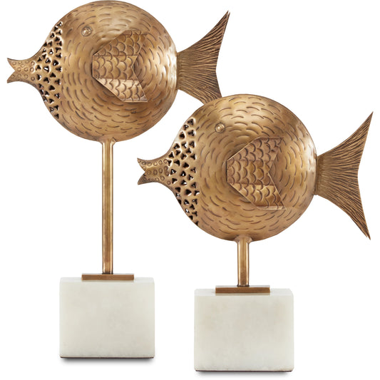 Cici Fish Set by Currey and Company in antique brass, white. Made from brass, marble in a coastal style.