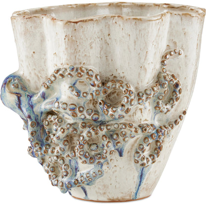 Octopus Vase by Currey and Company in cream, reactive blue. Made from ceramic in a coastal style.