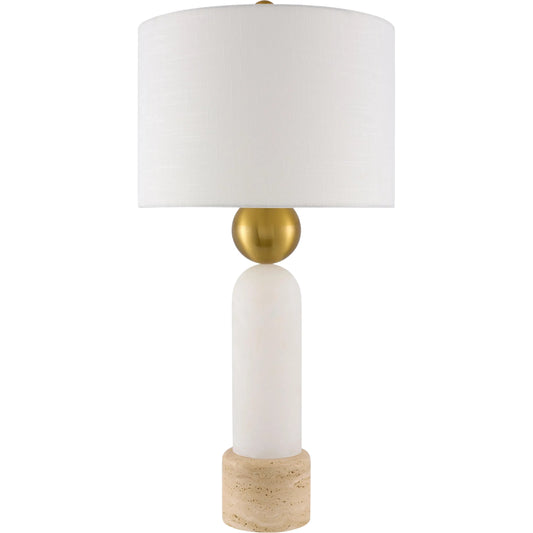 Etrusca Accent Table Lamp by Surya in beige, white. Made from stone, marble, linen, polyester in a transitional style.