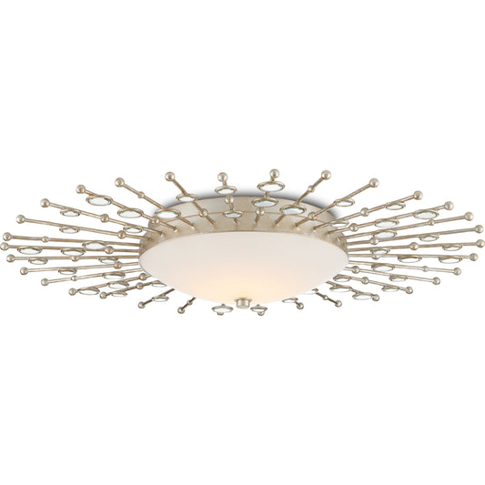 Planisphere Flush Mount by Currey and Company in silver leaf. Made from wrought iron, glass in a modern style.