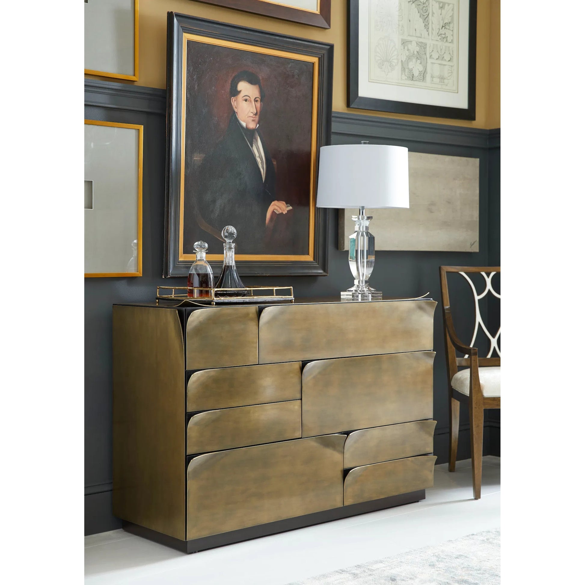 Hammersmith Drawer Chest by Jonathan Charles in gold and satin brass. Made from beech solids, brass in a unique style.