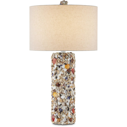 Festoon Table Lamp by Currey and Company in natural, sugar white. Made from assorted shells, wood, wrought iron in a modern style.