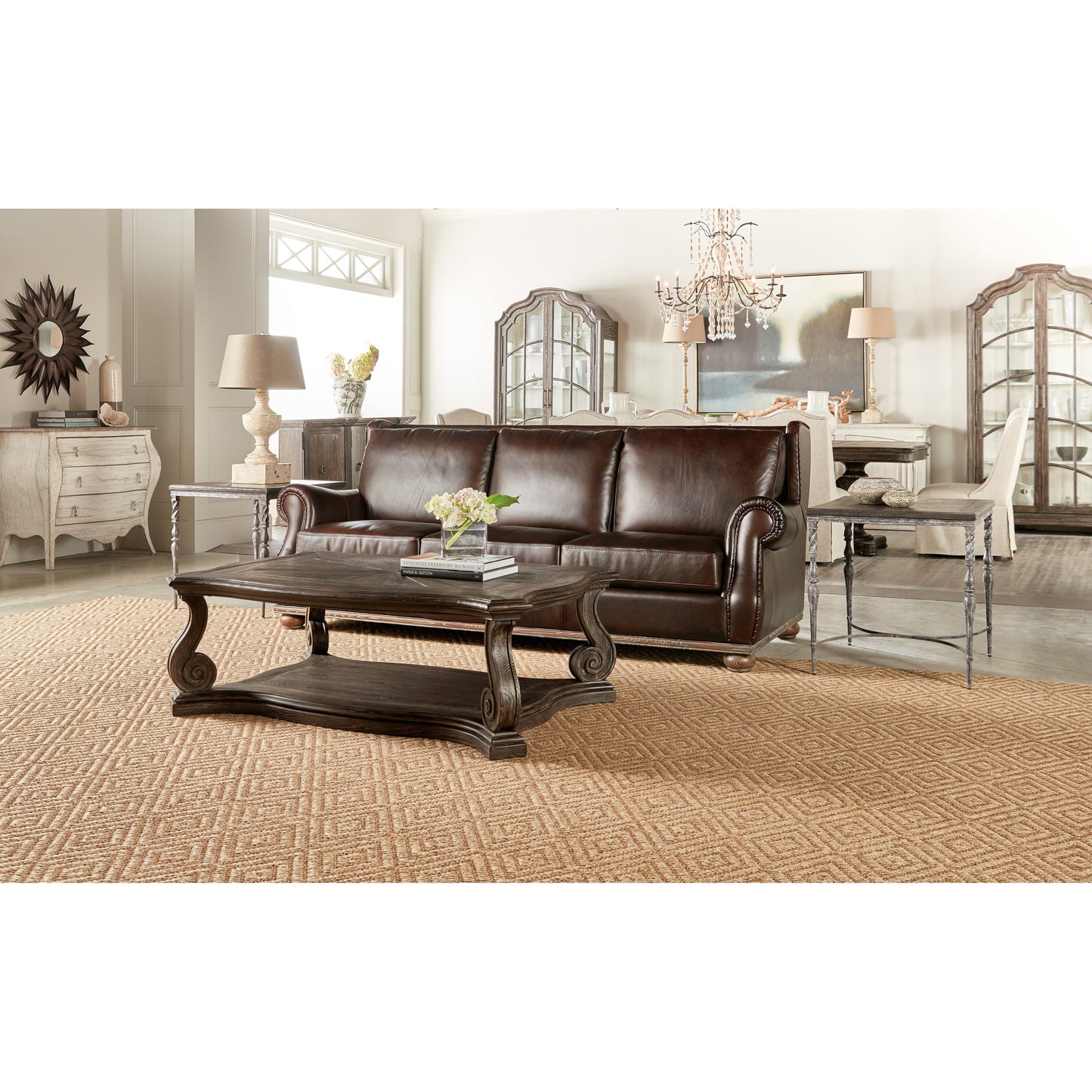 003 SI-1873242 | Lifestyle | Traditions Vintage Rectangle Cocktail Table by Hooker Furniture in dark wood. Made from pine, oak, maple veneers with resin, solid-wood edge top in a cottage & farmhouse style.