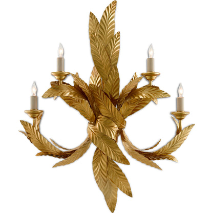 Apollo Wall Sconce by Currey and Company in contemporary gold leaf. Made from wrought iron in a modern style.