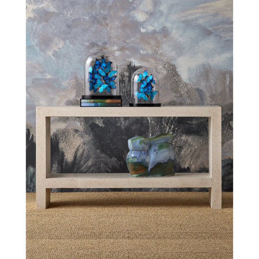 Carson Console Table by Currey and Company in ivory terrazzo. Made from fiber concrete, stone, shell in a unique style.