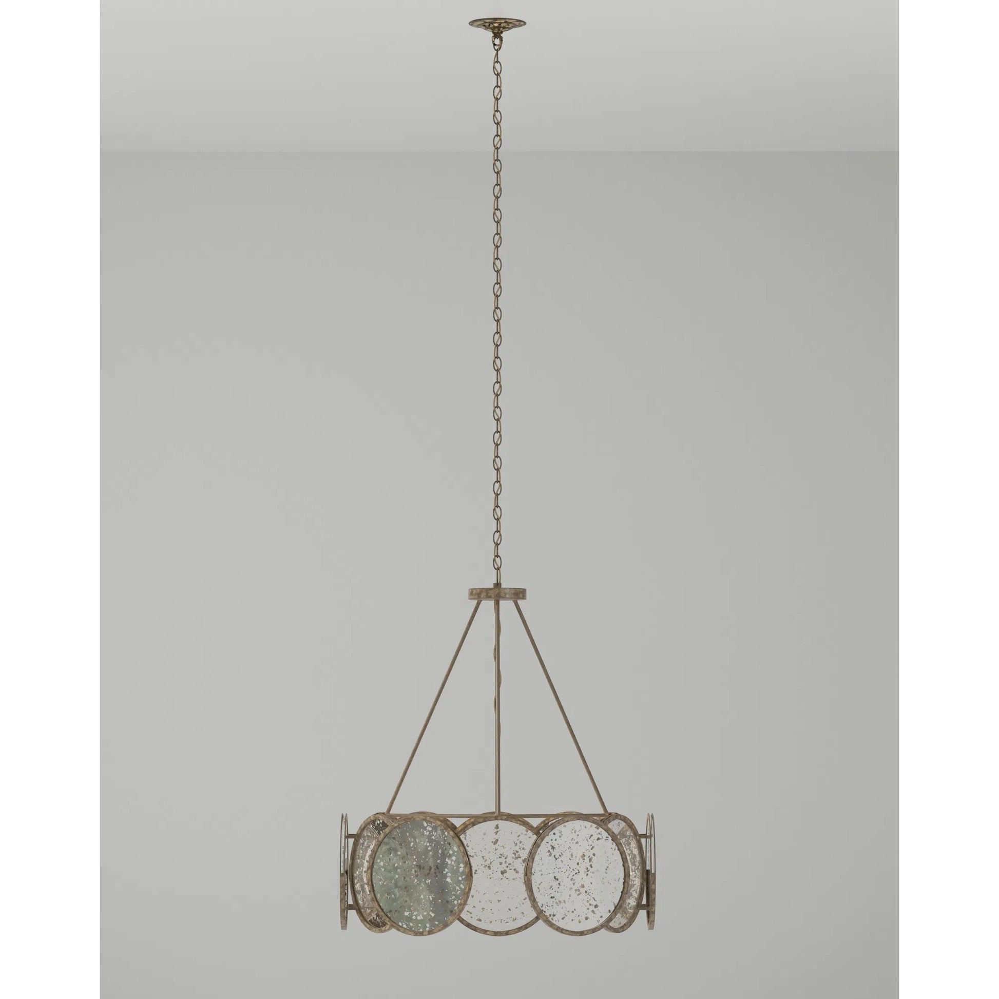 Oliveri Chandelier by Currey and Company in pyrite bronze, raj mirror. Made from wrought iron, glass in a modern style.