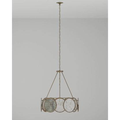 Oliveri Chandelier by Currey and Company in pyrite bronze, raj mirror. Made from wrought iron, glass in a modern style.