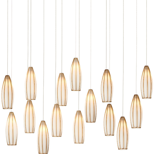 Parish 15-Light Rectangular Multi-Drop Pendant by Currey and Company in white, antique brass, silver. Made from glass, metal in a modern style.