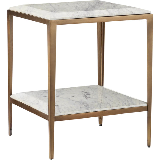 Oblique Marble Side Table by Currey and Company in natural, antique brass. Made from white lilac marble, iron, engineered wood in a unique style.