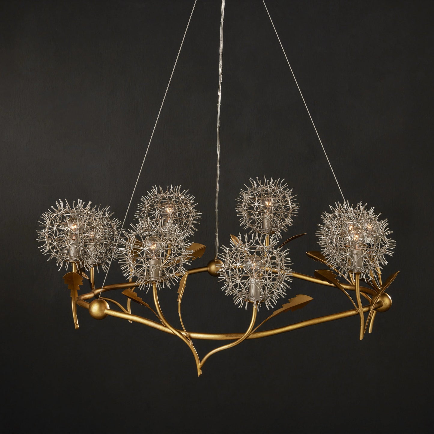 005 SI-2007716 | Lifestyle | Dandelion Chandelier by Currey and Company in contemporary silver leaf, contemporary gold leaf. Made from wrought iron in a modern style.