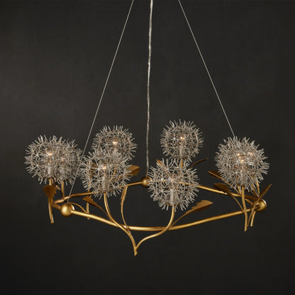 Dandelion Chandelier by Currey and Company in contemporary silver leaf, contemporary gold leaf. Made from wrought iron in a modern style.