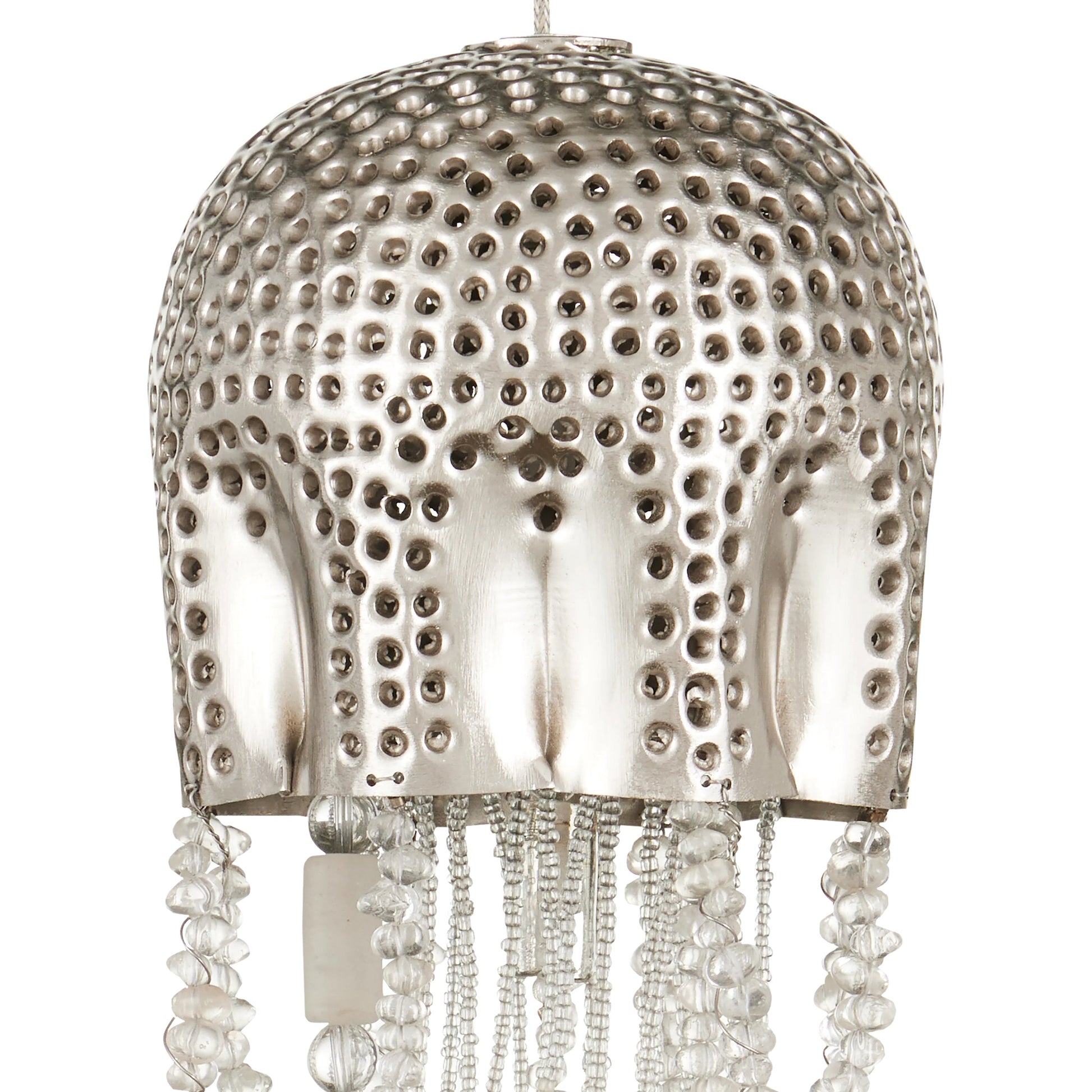 Medusa Round 15-LIGHT Multi-Drop Pendant by Currey and Company in nickel, silver. Made from nickel, steel, glass in a modern style.