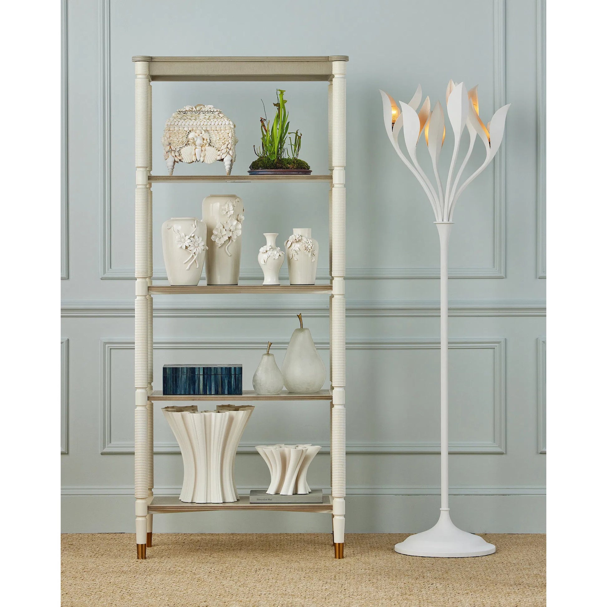 Snowflower Floor Lamp by Currey and Company in gesso white. Made from wrought iron in a modern style.