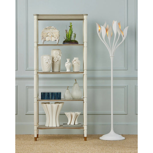 Snowflower Floor Lamp by Currey and Company in gesso white. Made from wrought iron in a modern style.