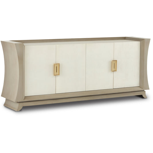 Koji Credenza by Currey and Company in oyster gray, cream, brushed polished brass. Made from beech wood, faux shagreen, brass in a coastal style.