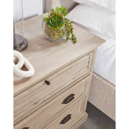 Eden 3-Drawer Nightstand by Essentials For Living in natural gray acacia. Made from solid acacia wood, acacia veneer, mdf, plywood, solid rubberwood, metal in a traditional style.