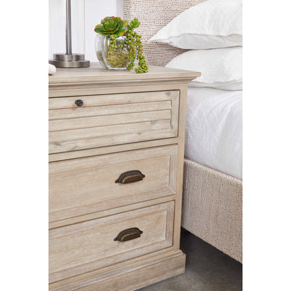Eden 3-Drawer Nightstand by Essentials For Living in natural gray acacia. Made from solid acacia wood, acacia veneer, mdf, plywood, solid rubberwood, metal in a traditional style.