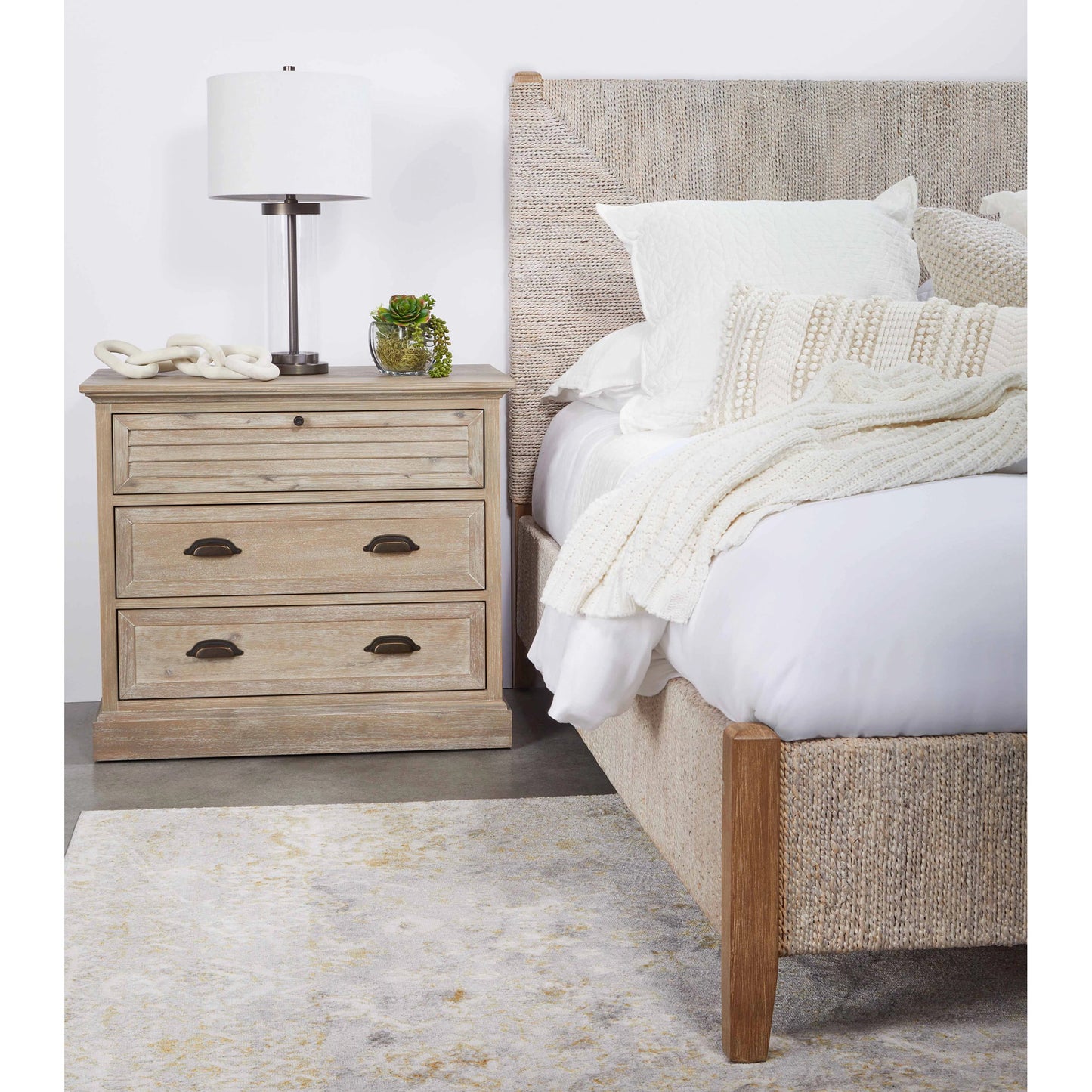 005 SI-1998831 | Lifestyle | Eden 3-Drawer Nightstand by Essentials For Living in natural gray acacia. Made from solid acacia wood, acacia veneer, mdf, plywood, solid rubberwood, metal in a traditional style.