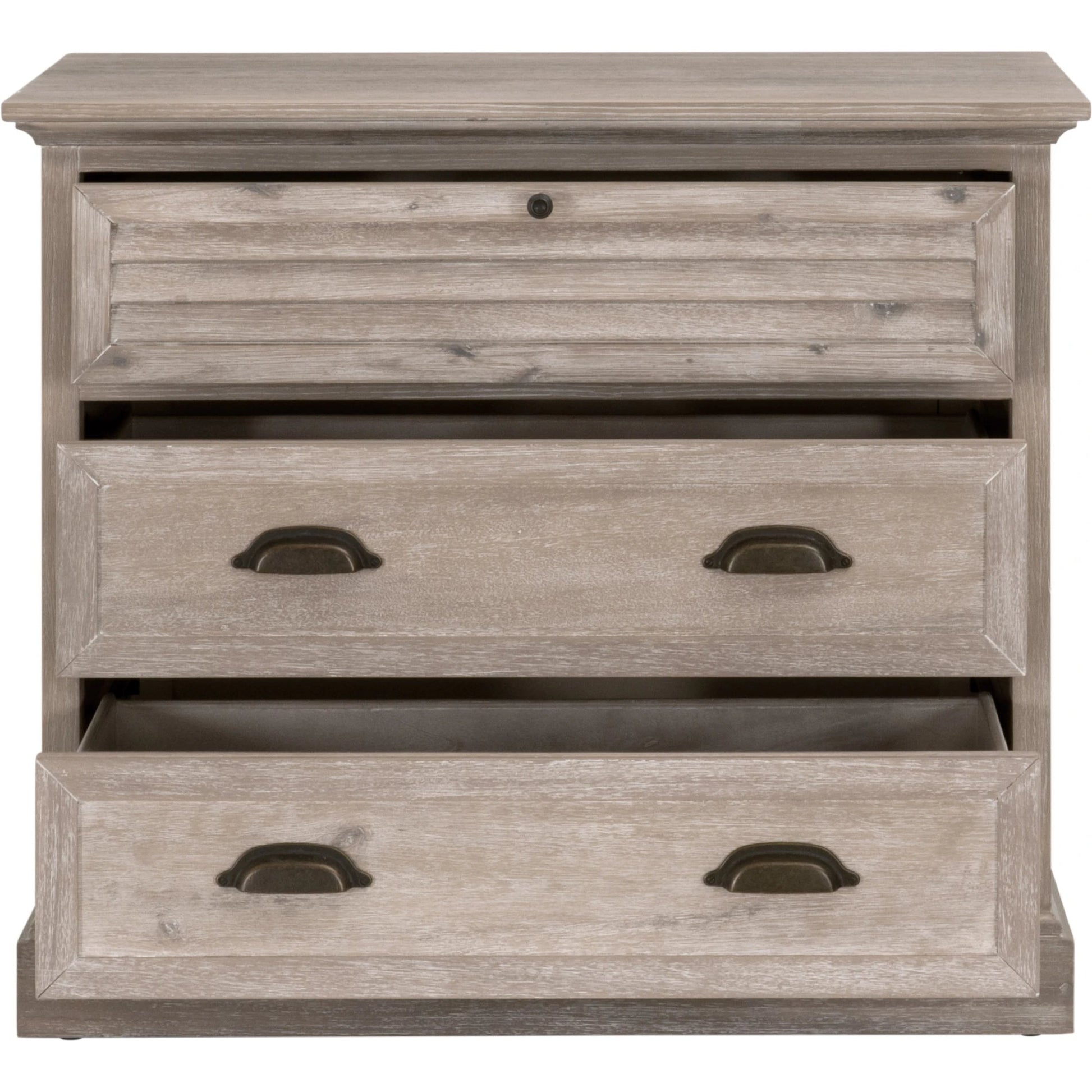 Eden 3-Drawer Nightstand by Essentials For Living in natural gray acacia. Made from solid acacia wood, acacia veneer, mdf, plywood, solid rubberwood, metal in a traditional style.