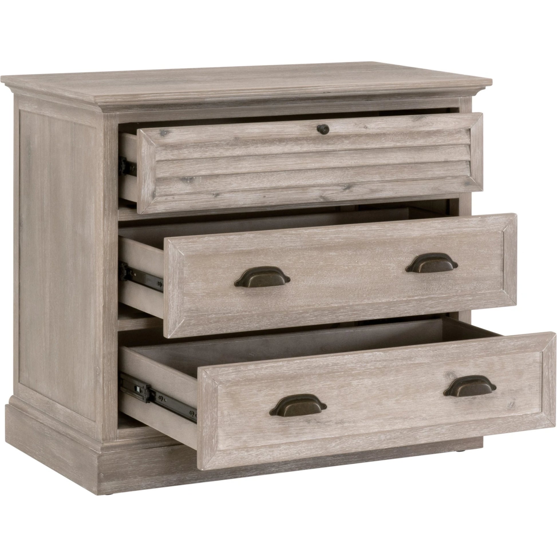 Eden 3-Drawer Nightstand by Essentials For Living in natural gray acacia. Made from solid acacia wood, acacia veneer, mdf, plywood, solid rubberwood, metal in a traditional style.