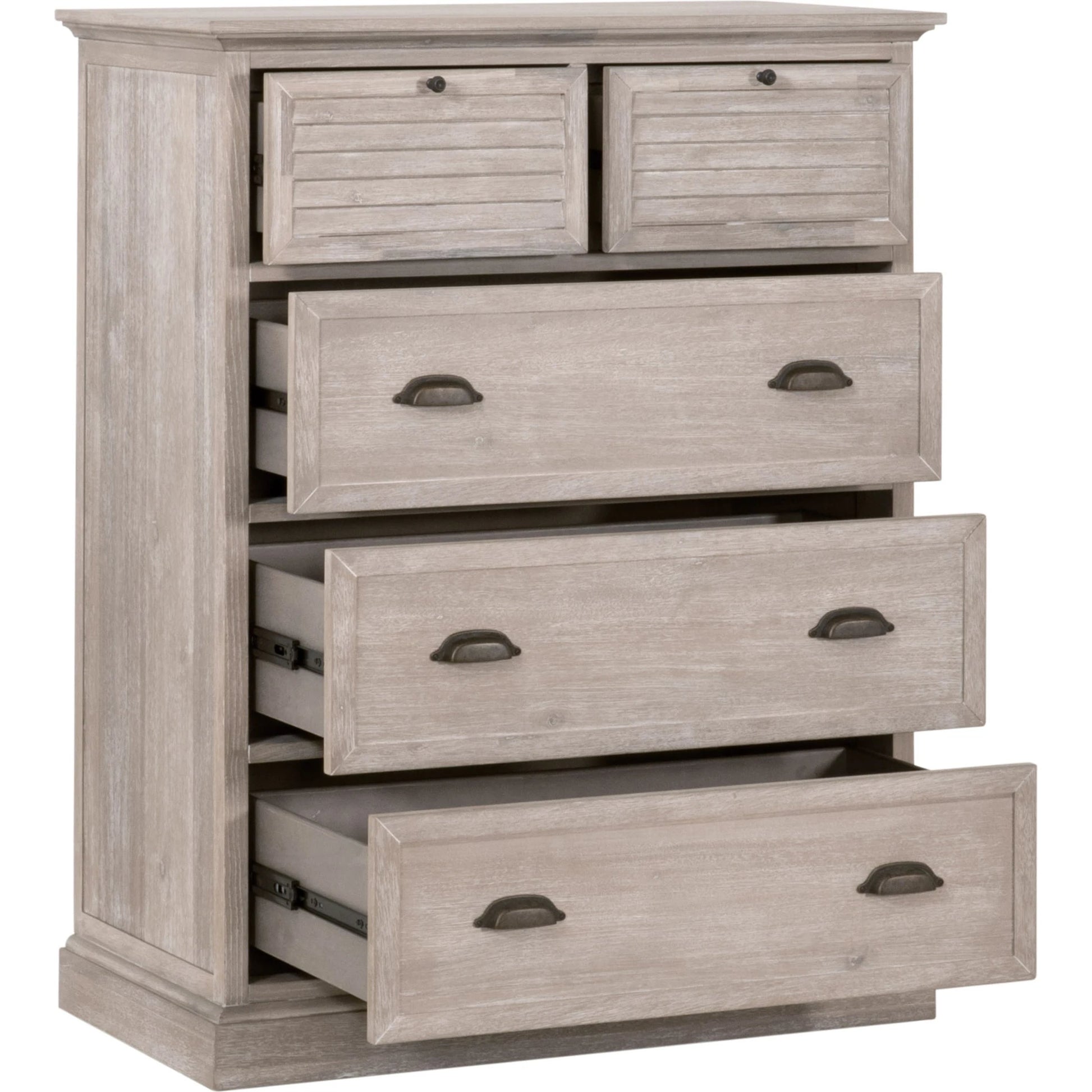 Eden High Chest by Essentials For Living in natural gray acacia. Made from solid acacia wood, acacia veneer, mdf, plywood, solid rubberwood, metal in a traditional style.