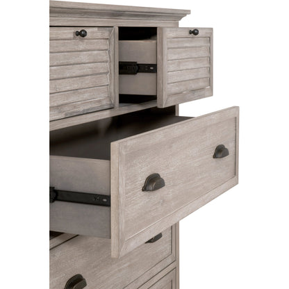 Eden High Chest by Essentials For Living in natural gray acacia. Made from solid acacia wood, acacia veneer, mdf, plywood, solid rubberwood, metal in a traditional style.