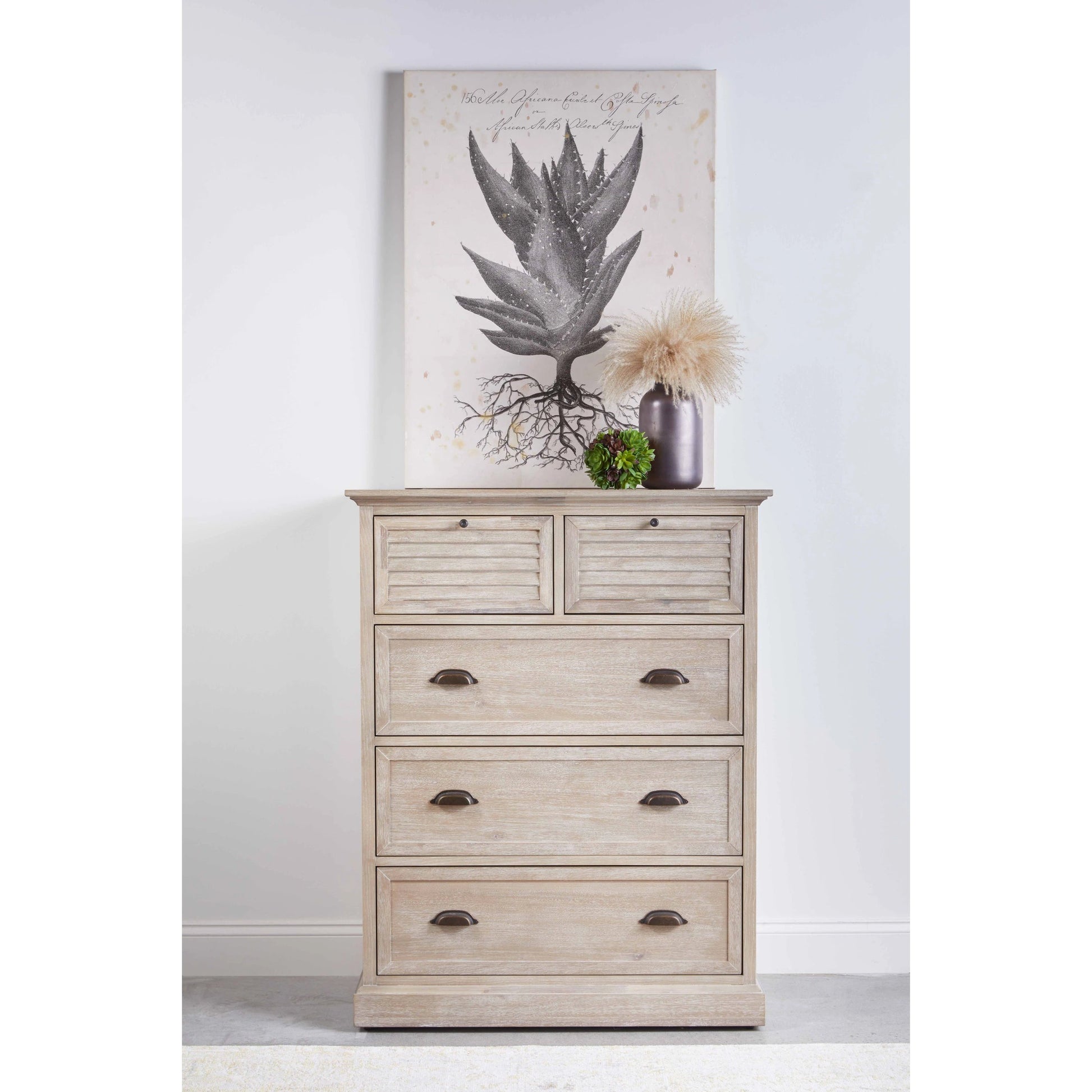 Eden High Chest by Essentials For Living in natural gray acacia. Made from solid acacia wood, acacia veneer, mdf, plywood, solid rubberwood, metal in a traditional style.