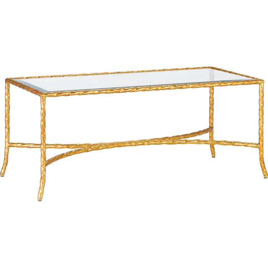 Gilt Twist Table by Currey and Company in gilt bronze. Made from wrought iron, glass in a traditional style.