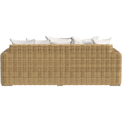 Playa Outdoor Loveseat by Sunset West in medium wood. Made from resin wicker in a rustic style.