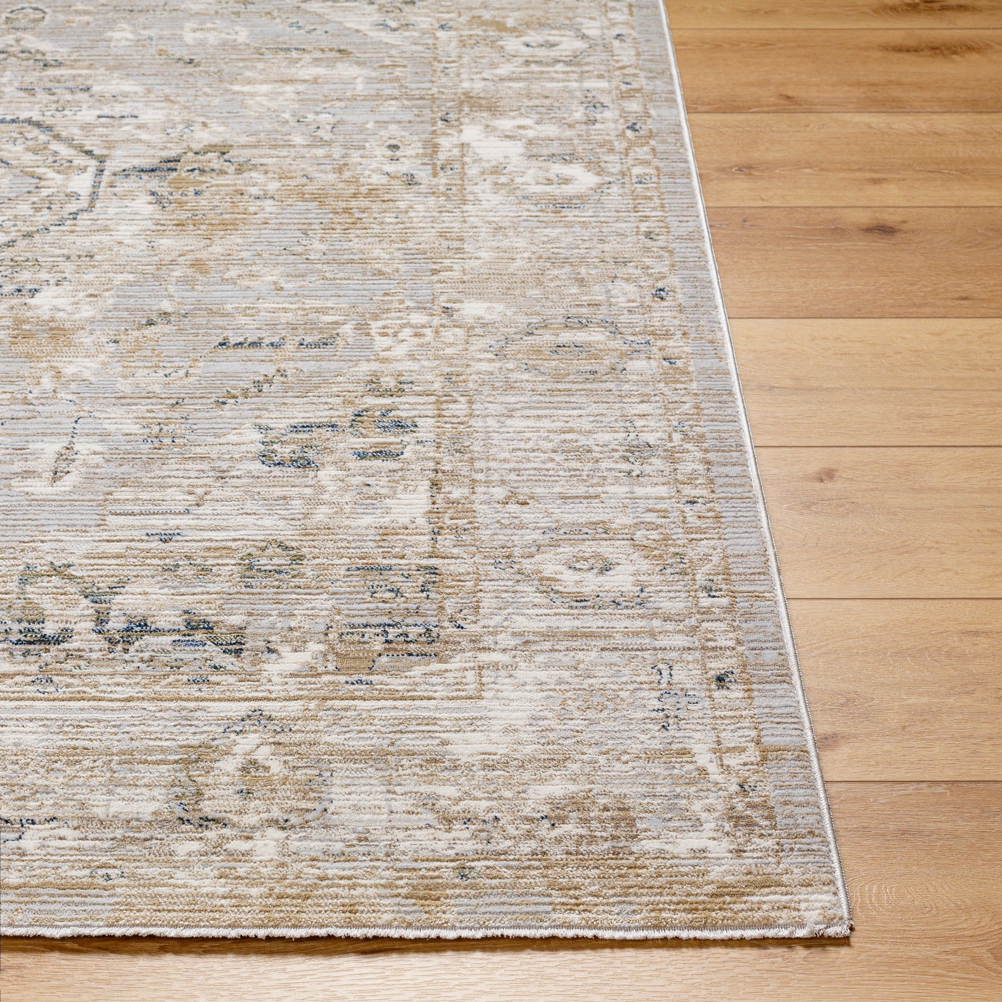 Edmonton EDO-2302 Rug by Livabliss in cream, tan, light gray, teal, dark blue. Made from face: 65% polypropylene, 35% polyester, warp: 100% jute in a unique style.