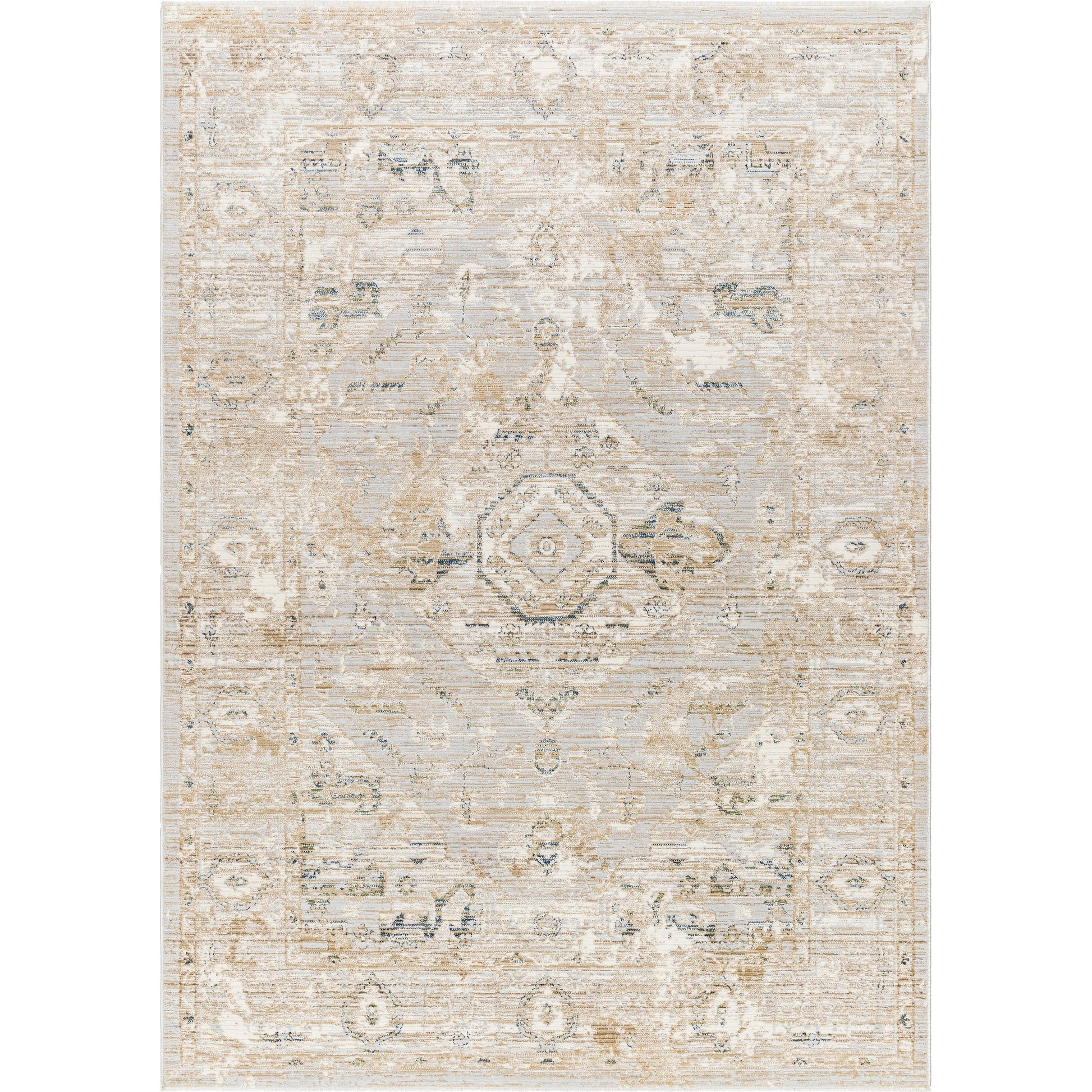 Edmonton EDO-2302 Rug by Livabliss in cream, tan, light gray, teal, dark blue. Made from face: 65% polypropylene, 35% polyester, warp: 100% jute in a unique style.
