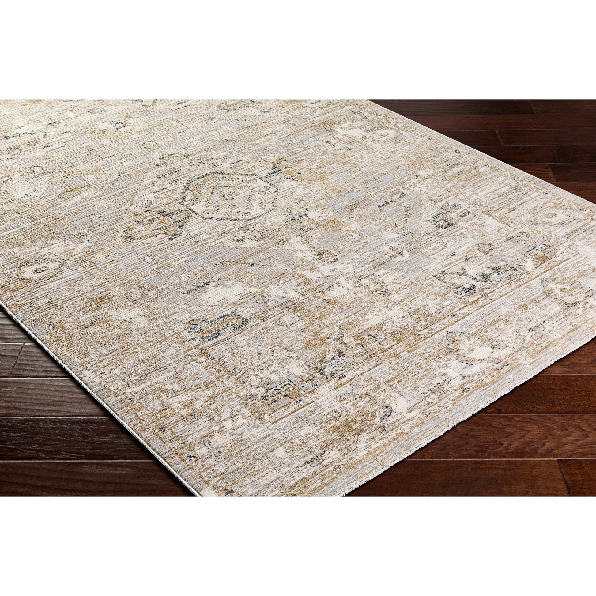 Edmonton EDO-2302 Rug by Livabliss in cream, tan, light gray, teal, dark blue. Made from face: 65% polypropylene, 35% polyester, warp: 100% jute in a unique style.