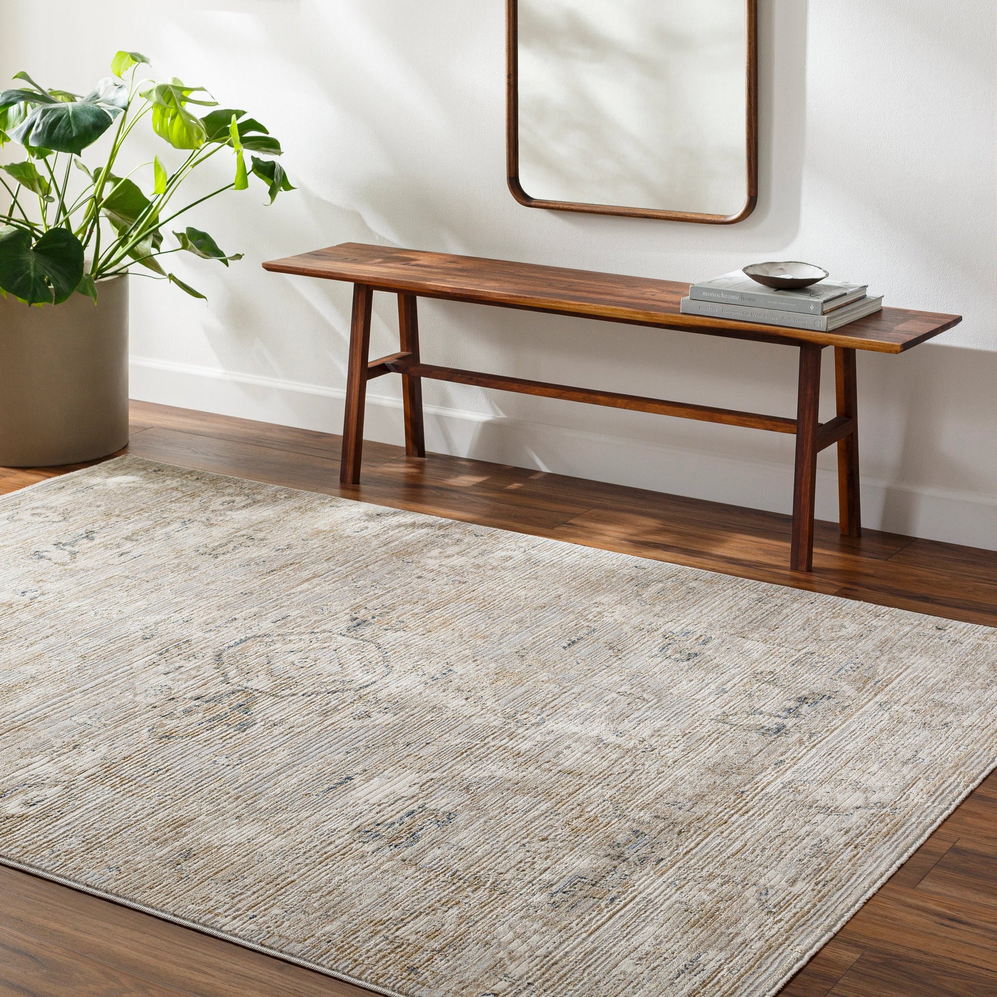 Edmonton EDO-2302 Rug by Livabliss in cream, tan, light gray, teal, dark blue. Made from face: 65% polypropylene, 35% polyester, warp: 100% jute in a unique style.