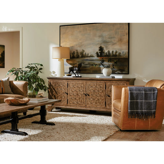 Americana Entertainment Credenza by Hooker Furniture in honey. Made from oak veneers with solid-wood edge top in a traditional style.