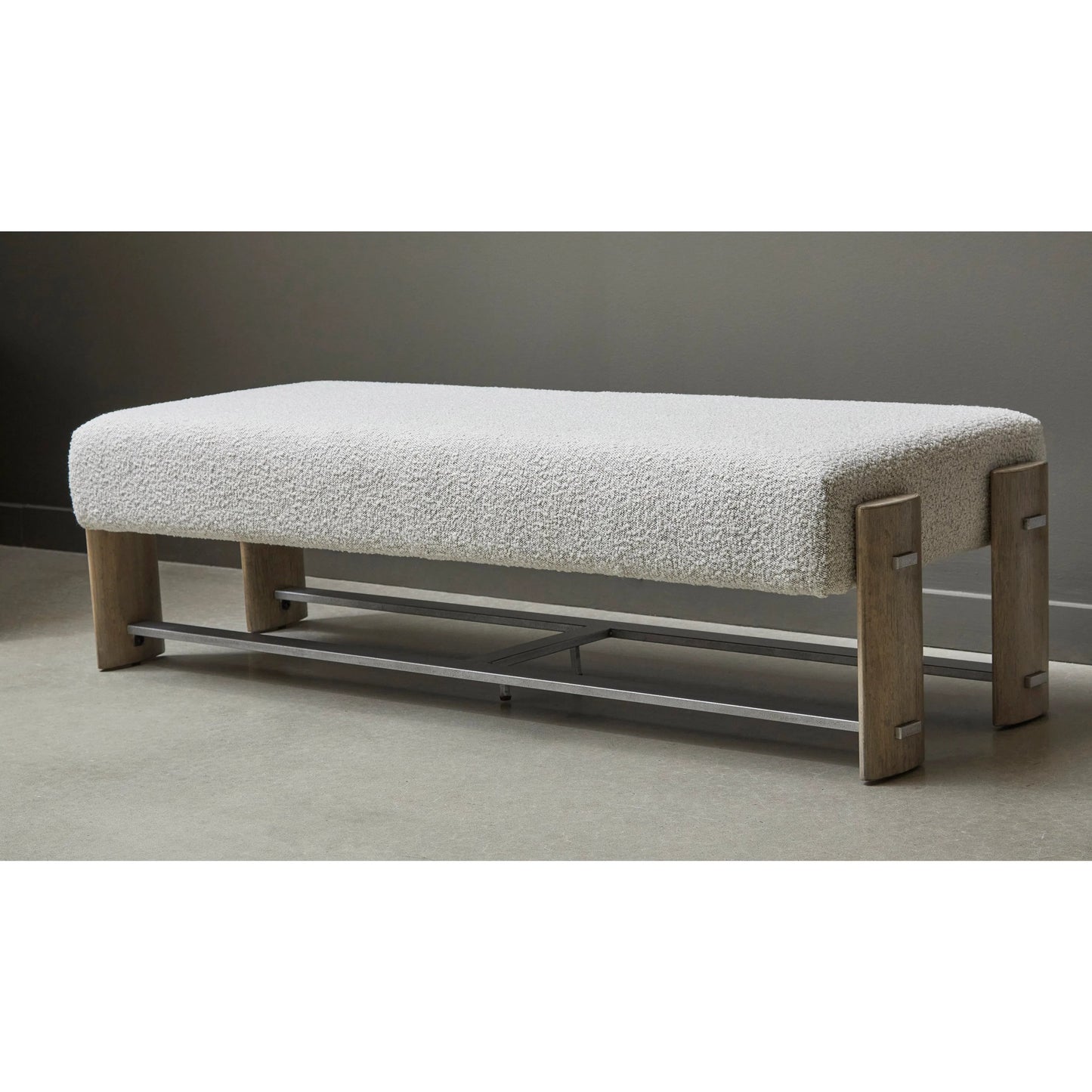 005 SI-2238748 | Lifestyle | Modern Upholstered Ottoman Bench by Pulaski Furniture in light natural wood, gray metal. Made from oak veneers in a modern style.