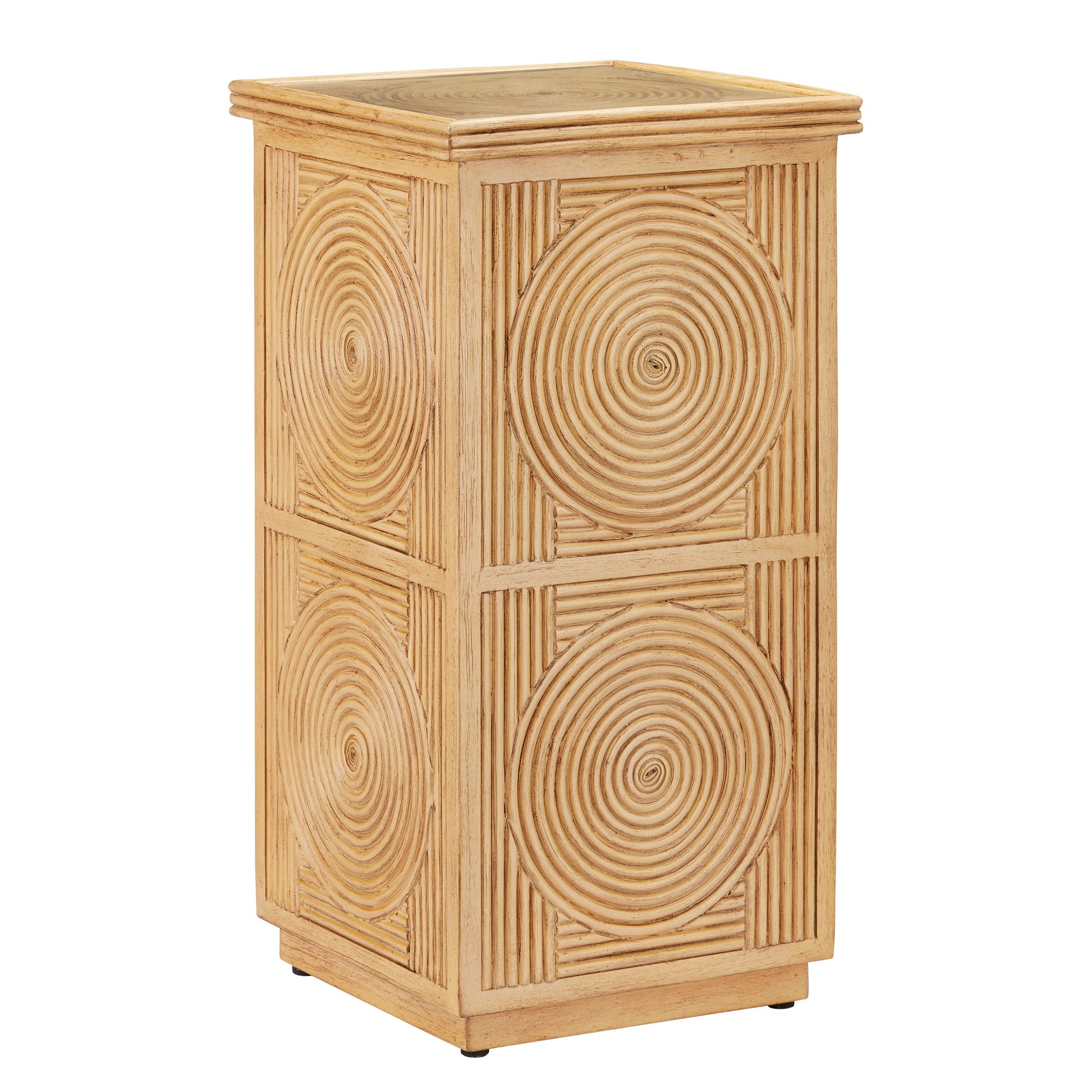 Santos Accent Table by Currey and Company in sea sand, clear. Made from rattan, mahogany, glass in a transitional style.